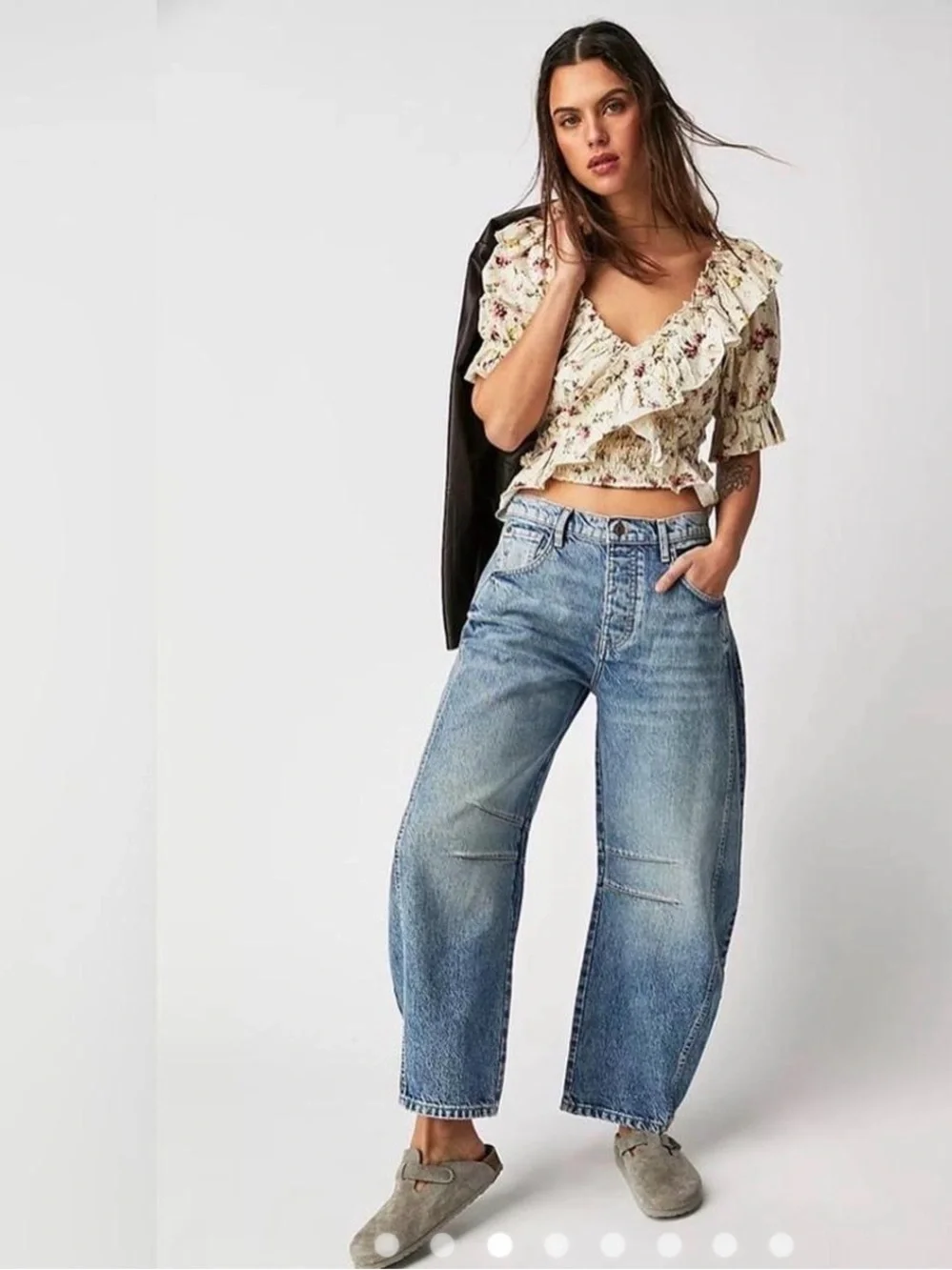 Free People favorite girl Cream Floral Ruffle Smocked crop Top medium cotton